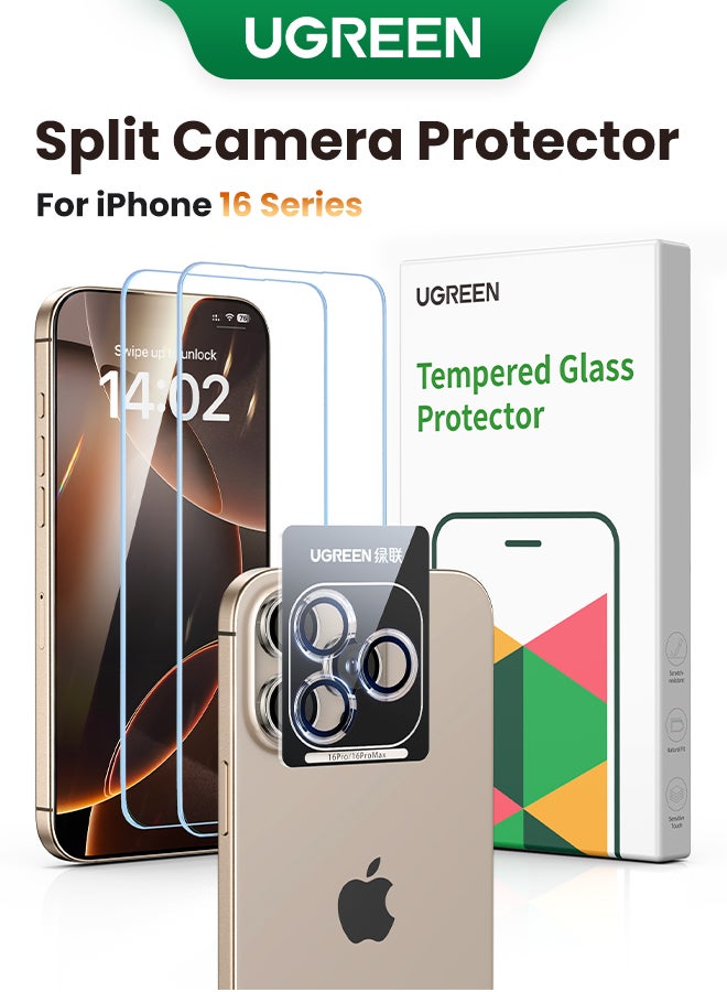 Ugreen iPhone 16 Pro  2Pack Screen Protector Anti-Glare and 1Pack Camera Lens Protector Film Bundle with Installation Frame, Case Friendly 9H Tempered Glass Scratch-Resistant  Precise Hole Design Clear 