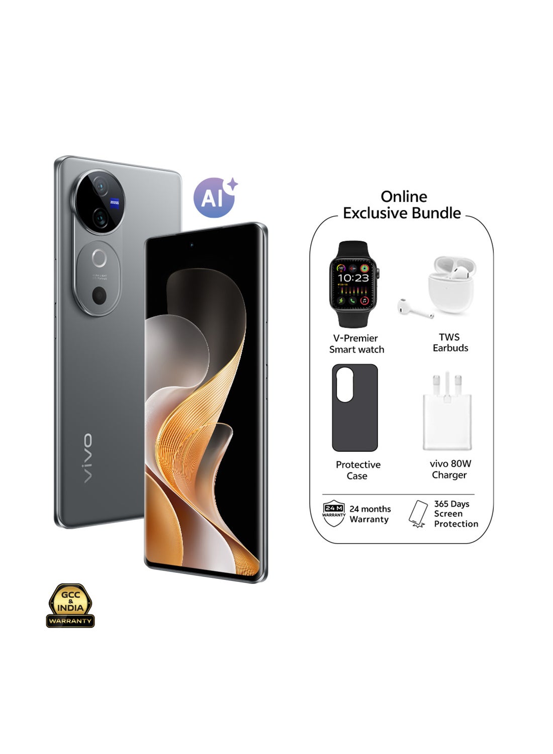 V40 5G Dual SIM Stellar Silver 12GB RAM 256GB With Exclusive Gifts Earbuds, Smart Watch, 80W Charger And 24 Months Warranty + 1 Year Screen Replacement - Middle East Version 