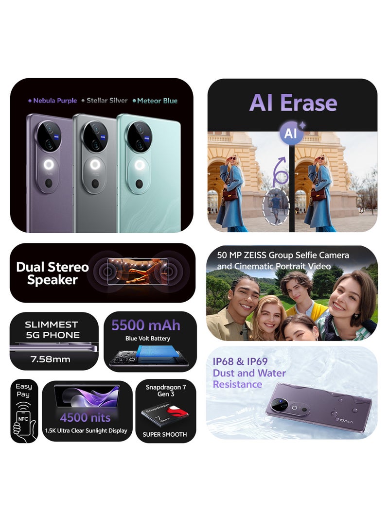 هاتف V40 5G ثنائي الشريحة بلون Nebula Purple وذاكرة وصول عشوائي سعة 12 جيجابايت ومساحة تخزين 256 جيجابايت - إصدار الشرق الأوسط - pnsku/N70102235V/45/_/1730448804/80982d19-4e5e-45a0-9b7e-f64e2f13ba45