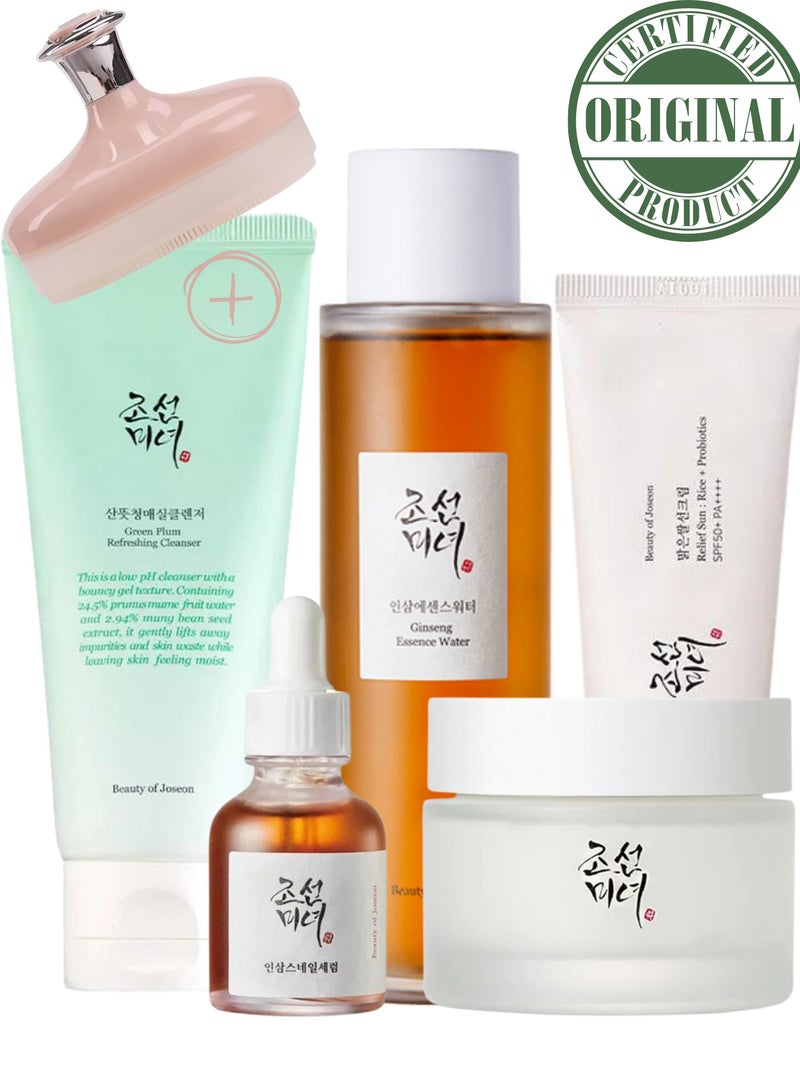 Beauty of Joseon - Serenity Collection For Radiant Skin  & face scrubber - Green Plum Cleansing - Foam Ginseng Essence Water - Revive Serum Ginseng - Dynasty Cream - & Sunscreen Rice Probiotics SPF50+ PA++++ 360ml - Image 1