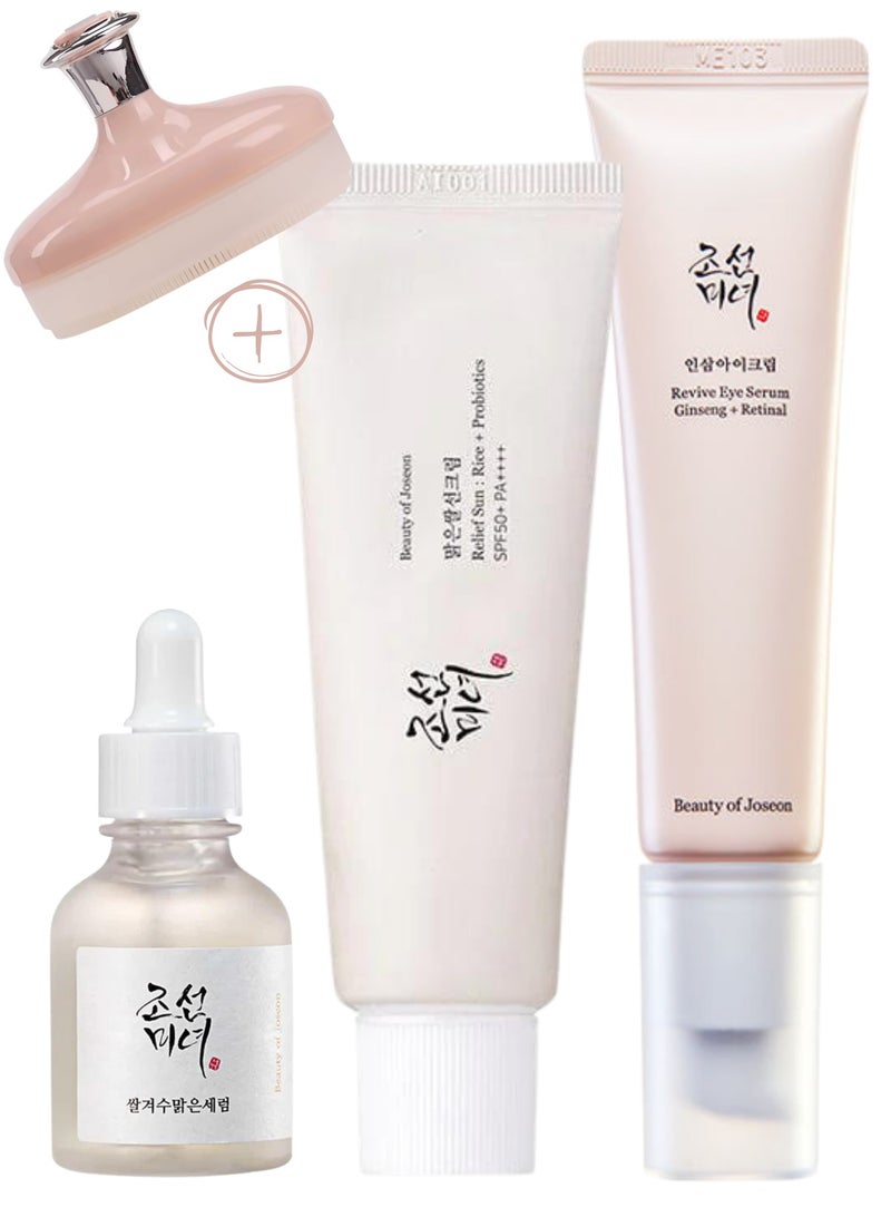 Beauty of Joseon Glow Renewal Trio & Face Scrubber - Revitalizing Revive Eye Serum with Ginseng & Retinal, Brightening Glow Deep Serum, and Protective Sunscreen Rice Probiotics SPF50+ PA++++ 110ml  - Image 1