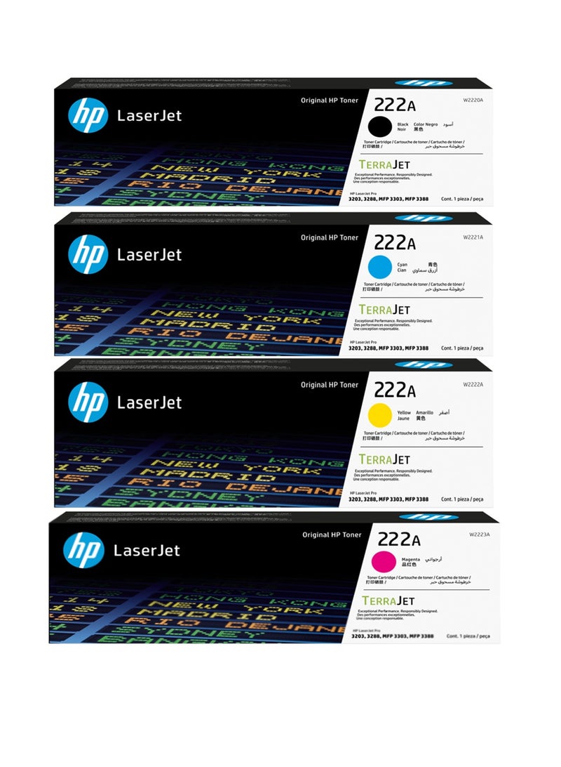 HP Original Toner Cartridge 222A  [ W2220A/W2221A/W2222A/W2223A] For  Use With LaserJet Pro 3203, 3288, MFP 3303, MFP 3388 Printer Series Black/Cyan/Yellow/Magenta  - Image 1