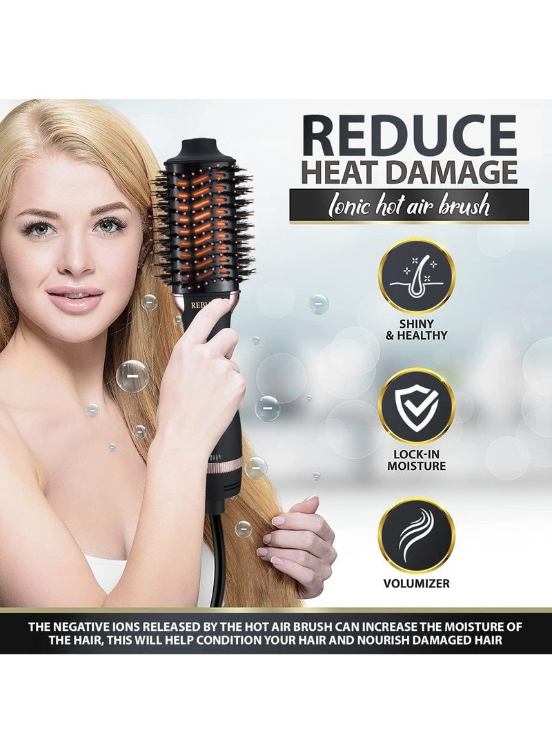ريبون 1300W Mini Hot Air Brush One-Step Volumizer Negative Ion Infrared Hair Care Anti-Frizz Blowout Hair Dryer Brush for Straightening Curling Hair Styler Black And Gold  - Image 2