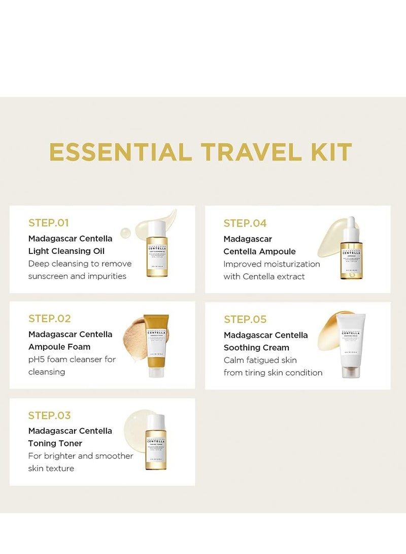 SKIN1004 Madagascar Centella Travel Kit, Toner, Ampoule, Soothing Cream, Cleansing Oil, Ampoule Foam, Basic Skincare Box, Compact Size, Soothing Calming Brown - Image 2