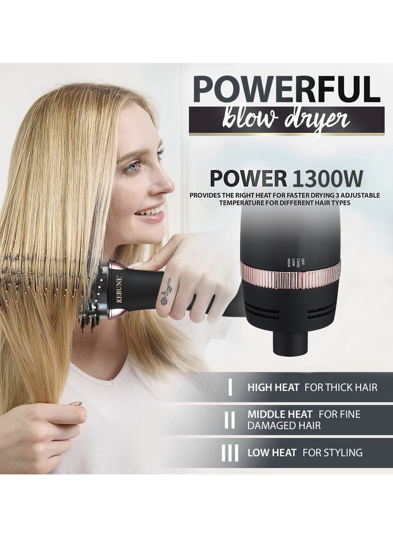 REBUNE - 1300W Powerful Ceramic Tourmaline Ionic Hot Air Brush New Hair Styler Black - Image 1