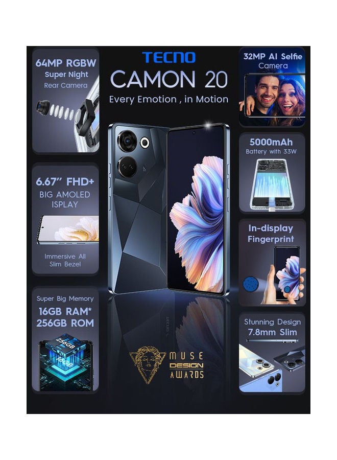 TECNO Camon 20 Dual SIM Predawn Black 8GB RAM 256GB 4G - International Version - Image 2