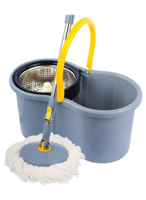 360° Spin Mop bucket Set With Steel Bowl Grey/Yellow/Silver 25Liters