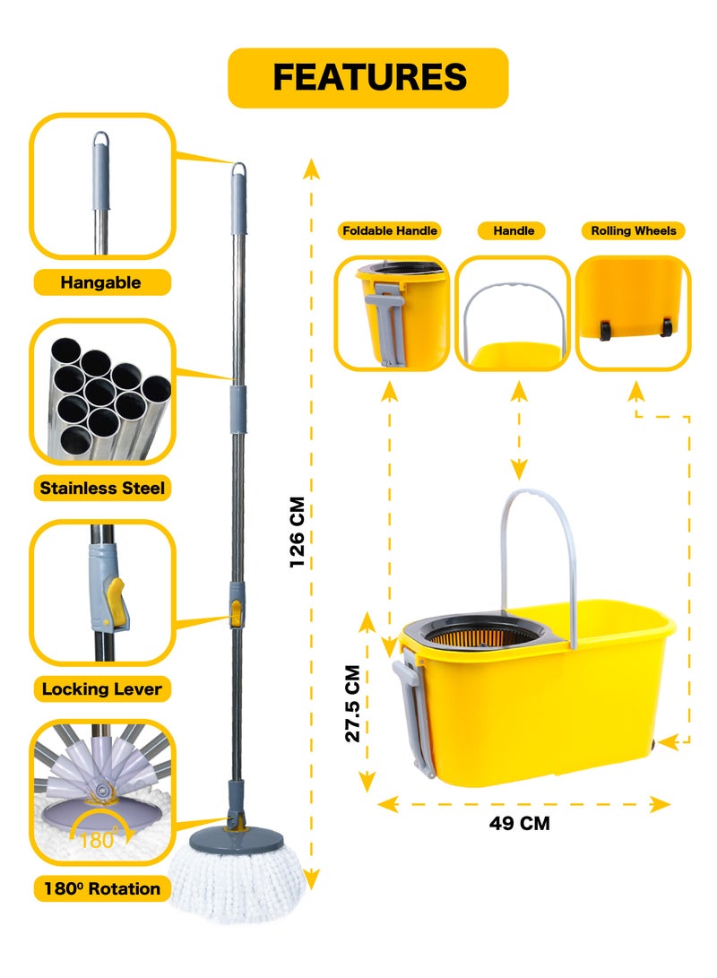 ESQUBE Esqube Classic Spin Mop Bucket Set With Pull Handle And Wheels Yellow 25Liters  - Image 2