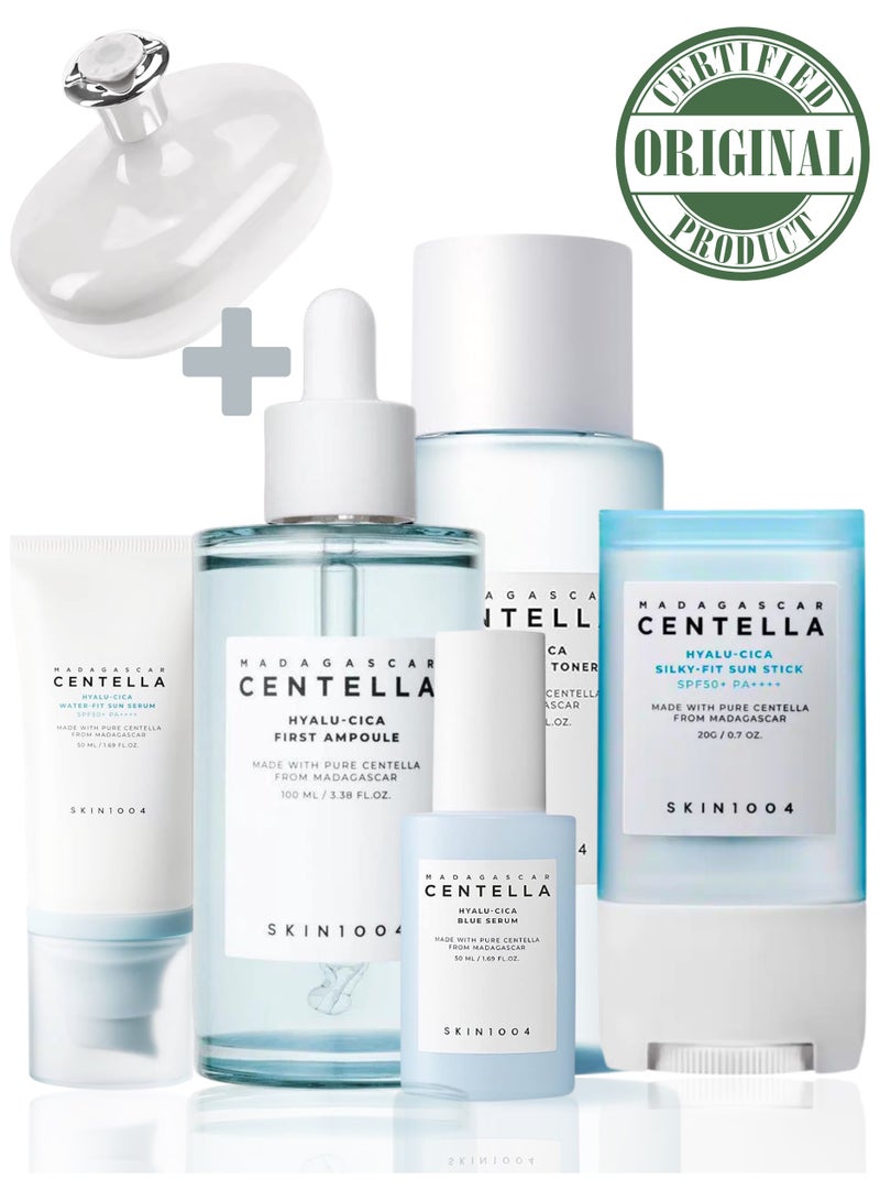 skin1004 - Centella Hyalu-Cica Skincare Set, Silky-Fit Sun Stick 12G, Brightening Toner 210Ml, First Ampoule 100Ml, Blue Serum 50Ml And Face Scrubber - Image 1