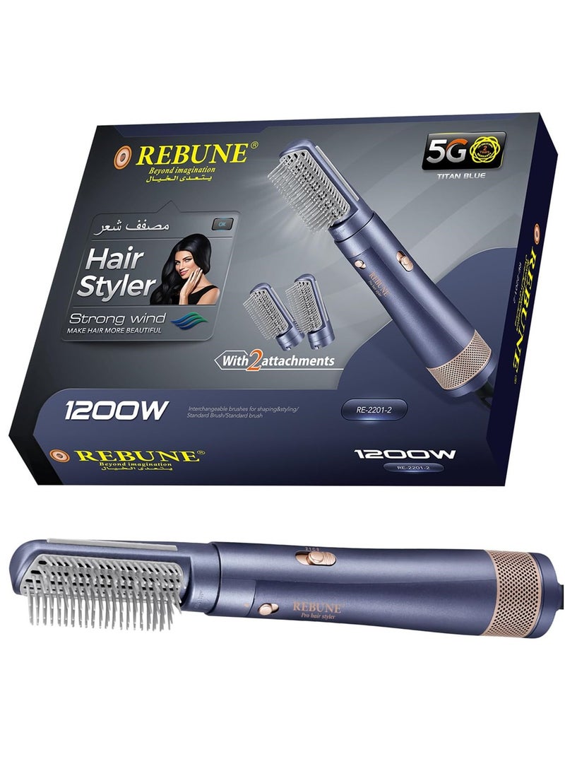 ريبون - RE-2201-2 New Hair Styler 1200W Hair Dryer Brush 3 In 1 Hot Air Styler Straightening & Curling Fast Heating Hair Styler with 2 Brushes - Image 1