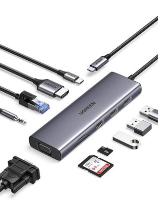 UGREEN 10 in 1 USB C Hub 4K HDMI and FHD VGA Dual Video Output Type C Hub, PD 100W, Gigabit Ethernet, 3 USB 3.0 Ports, USB C to 3.5mm, SD/TF Slot Multiport Adapter for MacBook Pro/Air 2023, HP, etc Grey - pnsku/N70103375V/45/_/1748958811/03af127c-a778-46b5-bbbd-8077331d700c
