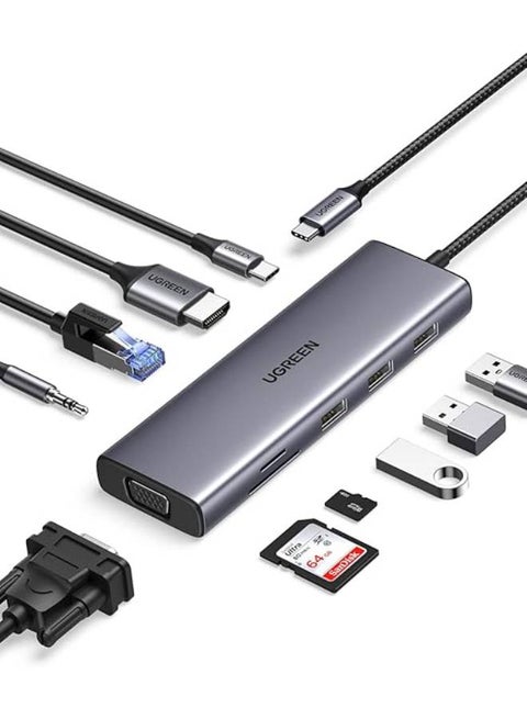 UGREEN 10 in 1 USB C Hub 4K HDMI and FHD VGA Dual Video Output Type C Hub, PD 100W, Gigabit Ethernet, 3 USB 3.0 Ports, USB C to 3.5mm, SD/TF Slot Multiport Adapter for MacBook Pro/Air 2023, HP, etc Grey