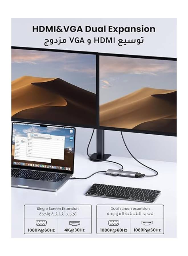 Ugreen - UGREEN 10 in 1 USB C Hub 4K HDMI and FHD VGA Dual Video Output Type C Hub, PD 100W, Gigabit Ethernet, 3 USB 3.0 Ports, USB C to 3.5mm, SD/TF Slot Multiport Adapter for MacBook Pro/Air 2023, HP, etc Grey - Image 1