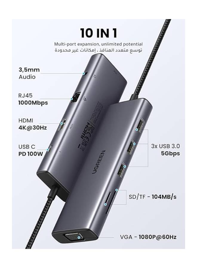 Ugreen - UGREEN 10 in 1 USB C Hub 4K HDMI and FHD VGA Dual Video Output Type C Hub, PD 100W, Gigabit Ethernet, 3 USB 3.0 Ports, USB C to 3.5mm, SD/TF Slot Multiport Adapter for MacBook Pro/Air 2023, HP, etc Grey - Image 1