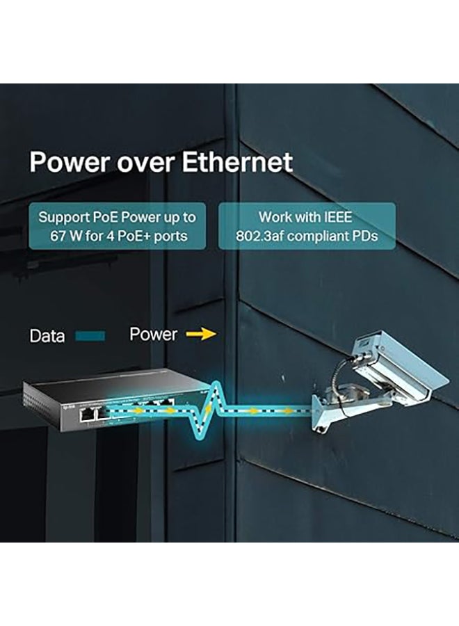 TP-LINK TL-SF1006P 6-Port 10/100Mbps Desktop Switch with 4 PoE+ Ports @67W, Plug & Play, Sturdy Metal with Shielded Ports, Limited Lifetime Protection, Extend Mode, Priority Mode Black  - Image 3