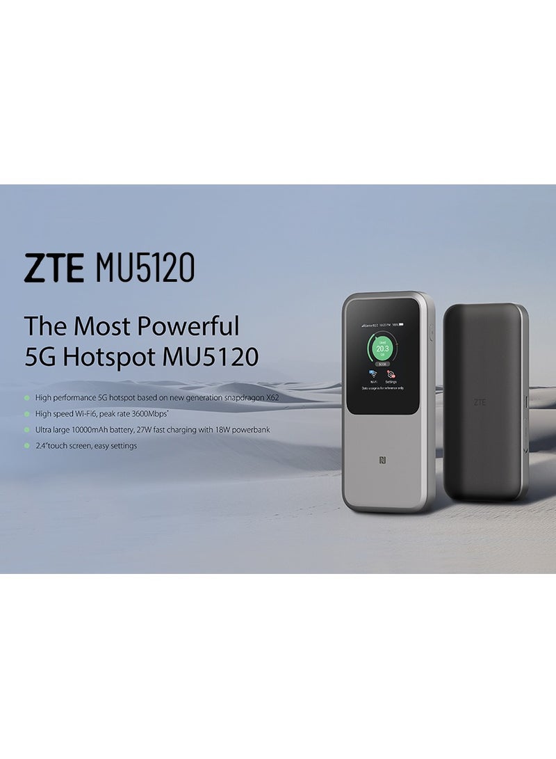 STC - The Most Powerful Portable Router 5G with Huge 10000mAh Battery, 18W Reverse Charge, NFC, 2.4” Touch Screen & Connects 64 Devices – Sim Slot UNLOCKED - ZTE By STC (MU5120) Grey/Black - Image 1