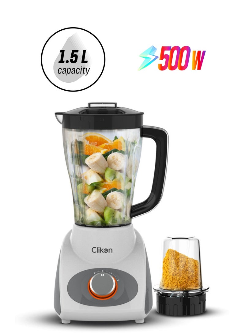 CLIKON 2 IN 1 BLENDER , 500W & 2 SPEED SETTINGS WITH PULSE CONTROL , 1.5-liter blender jar
Overheating protection
Shock-proof body -CK2682 1.5 L 500 W CK2682 WHITE/GREY