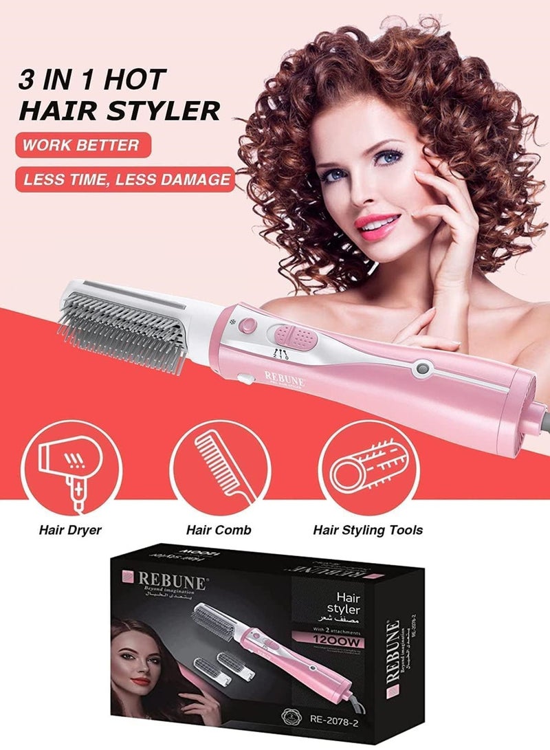 REBUNE 1200W 4 In 1 Hot Air Dryer Styler Hair Straightener Curler Brush Pink - Image 2