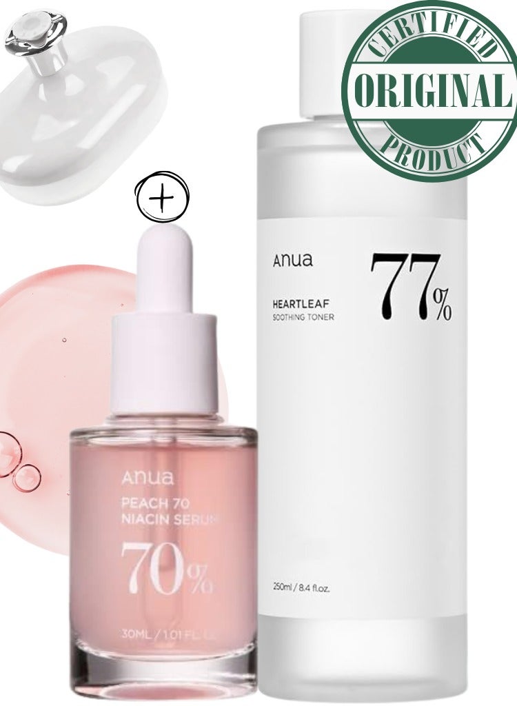 Anua - Brightening and Soothing Skincare Set - 77 Soothing Toner and Peach 70% Niacinamide Serum for Hydrated - Even-Toned - and Radiant Skin - Face Scrubber - 280ml - Image 1