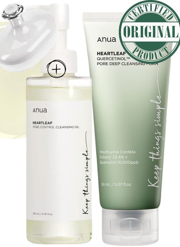 Anua - Heartleaf Deep Cleansing Duo - Pore Control Cleansing Oil and Quercetinol Deep Cleansing Foam for Clear - Refined, and Balanced Skin - Face Scrubber - 350ml - Image 1