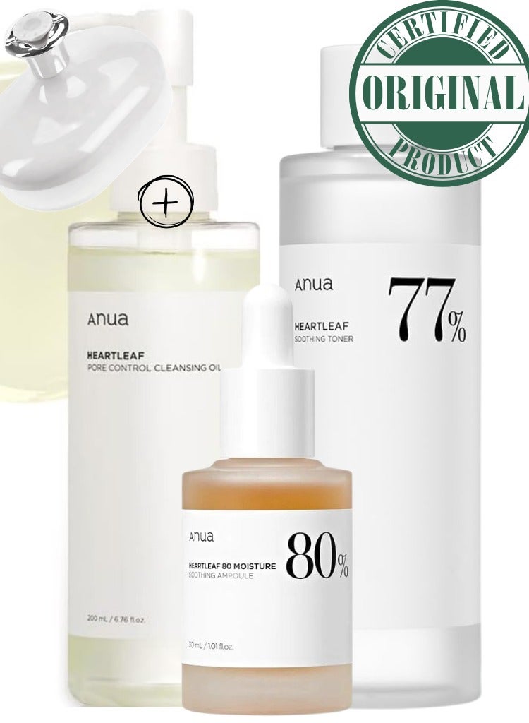 Anua - Heartleaf Skincare Set - Pore Control Cleansing Oil - 77 Soothing Toner - and 80% Moisture Soothing Ampoule for Clear - Hydrated - and Balanced Skin - Face Scrubber - 480ml - Image 1