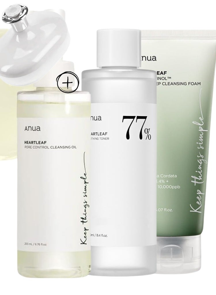 Anua Heartleaf Pore Purifying Skincare Set - Pore Control Cleansing Oil - Quercetinol Deep Cleansing Foam - and 77 Soothing Toner for Clear - Balanced - and Hydrated Skin - Face Scrubber - 600ml  - Image 1