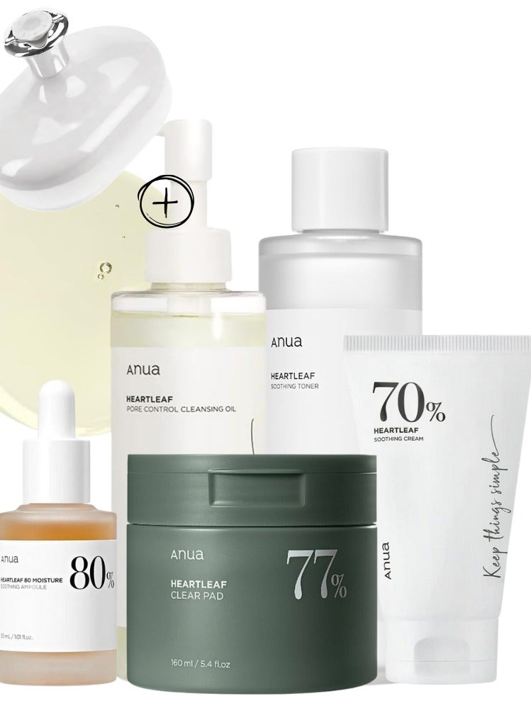 Anua - Heartleaf Skincare Essentials Set - Pore Control Cleansing Oil - 77 Soothing Toner - Toner Pads - 80% Moisture Soothing Ampoule - and 70% Soothing Cream for Hydrated - Clear - and Calm Skin - Face Scrubber - 740ml - Image 1