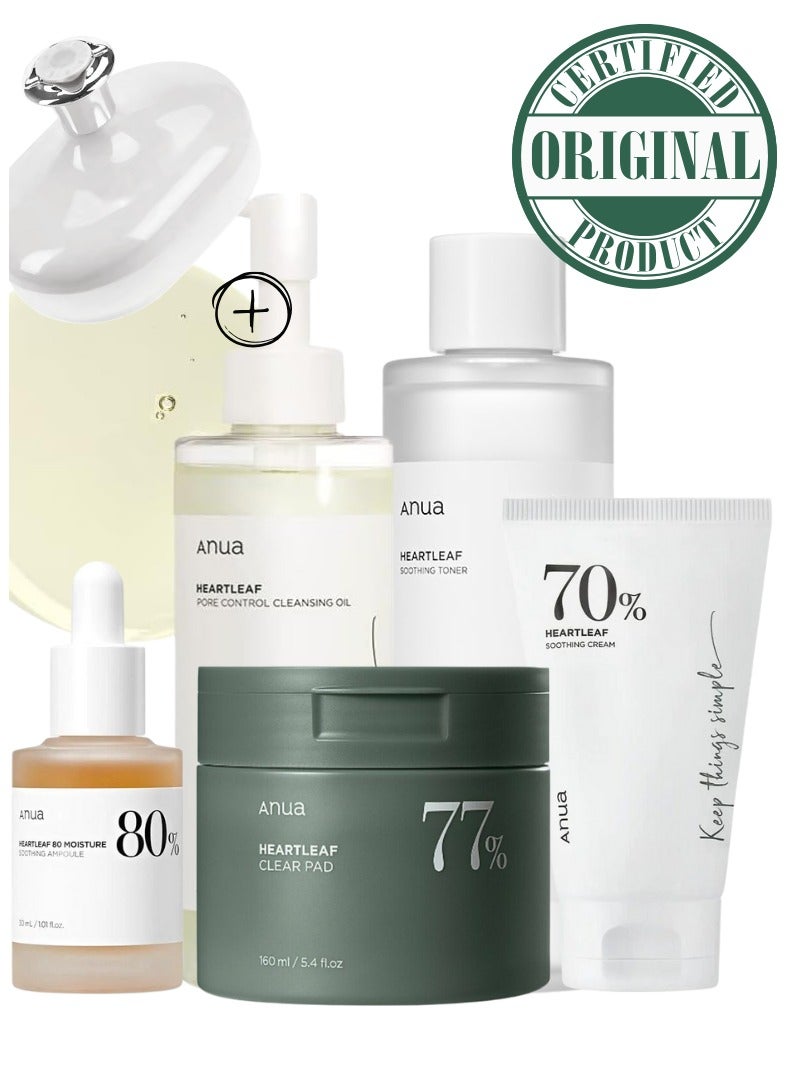 Anua - Heartleaf Skincare Essentials Set - Pore Control Cleansing Oil - 77 Soothing Toner - Toner Pads - 80% Moisture Soothing Ampoule - and 70% Soothing Cream for Hydrated - Clear - and Calm Skin - Face Scrubber - 740ml - Image 1