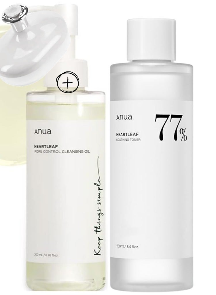 Anua Heartleaf Cleansing and Soothing Set - Pore Control Cleansing Oil and 77 Soothing Toner for Clear - Hydrated - and Balanced Skin - Face Scrubber - 450ml  - Image 1