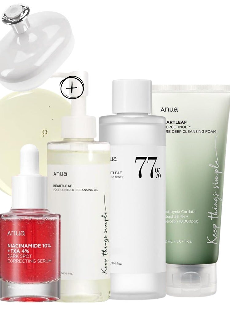 Anua Heartleaf Skincare Set - Pore Control Cleansing Oil - Quercetinol Deep Cleansing Foam - 77 Soothing Toner - and Dark Spot Correcting Serum with 10% Niacinamide & TXA for Clear - Radiant Skin - Face Scrubber - 630ml  - Image 1