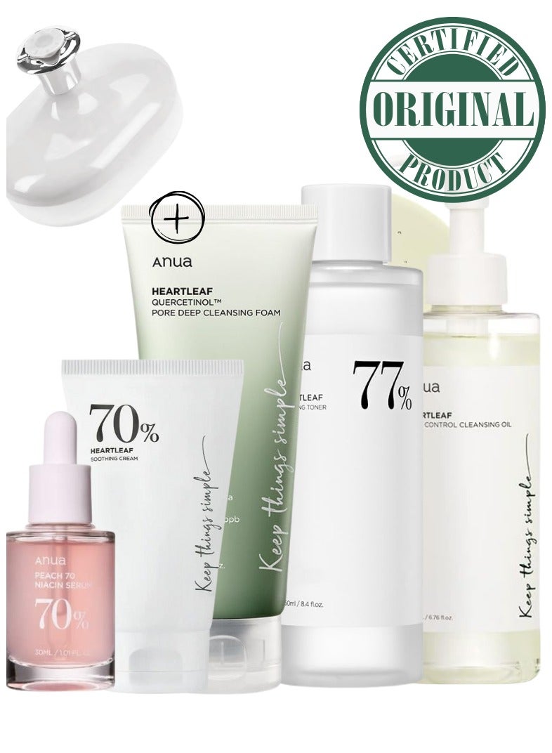 Anua - Heartleaf Skincare Set - Pore Control Cleansing Oil - 77 Soothing Toner - Quercetinol Deep Cleansing Foam - Peach Niacinamide Serum - and Soothing Cream for Clear - Radiant Skin - Face scrubber 730ml - Image 1