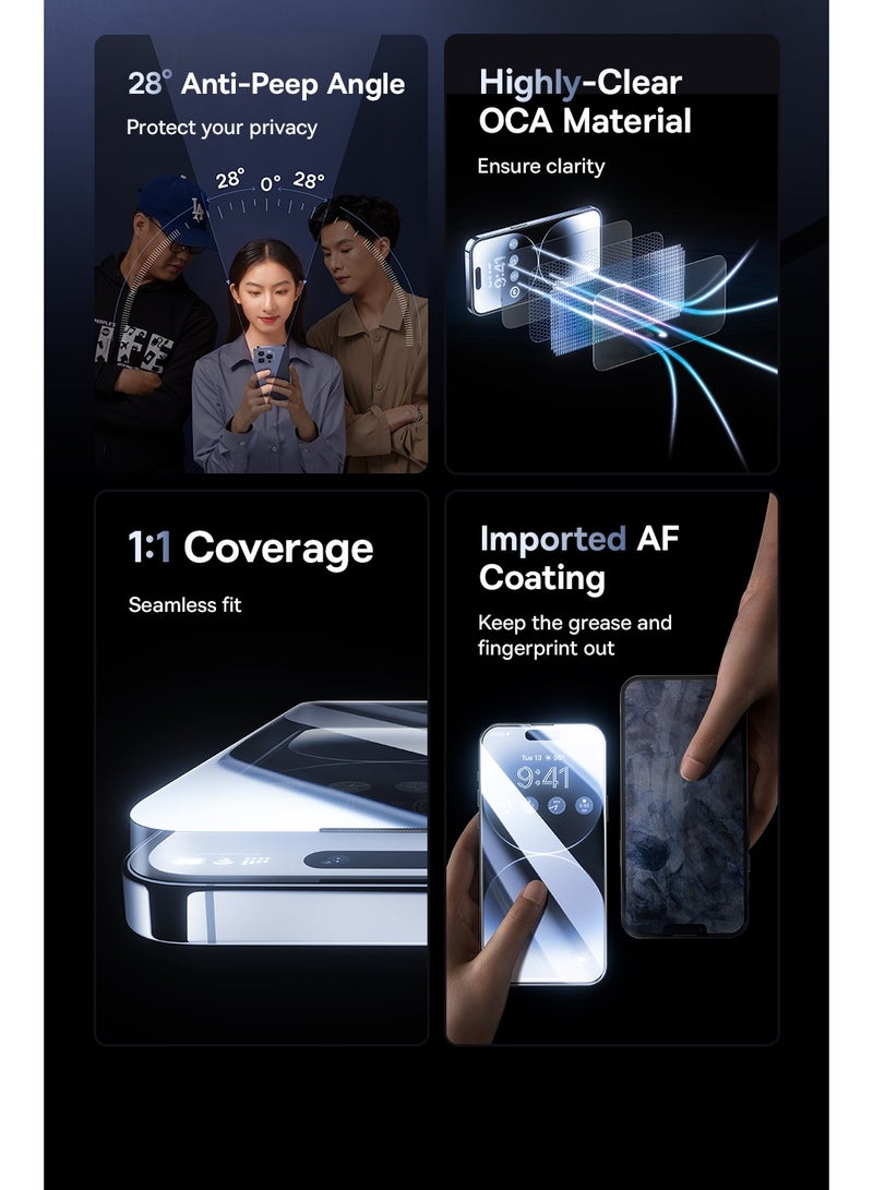 Baseus - iPhone 16 Pro Max 6.9inch Privacy Screen Protector,【9H Tempered Glass Full-Coverage】 Easy Installation With Alignment Tray, Anti-Drop And Anti-scratch, Case Friendly 28°Anti-Spy Anti-Fingerprint Black - Image 1