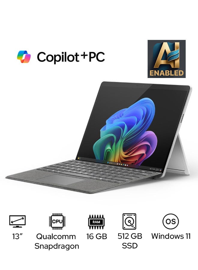 Microsoft Surface Pro 11 Copilot+ PC Laptop With 13-Inch Display, Qualcomm Snapdragon X Elite Processor/16GB RAM/512GB SSD/Qualcomm Adreno Graphics/Windows 11 English/Arabic PLATINUM  - Image 1
