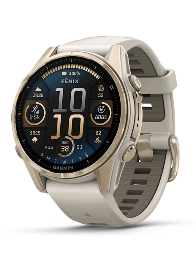 GARMIN - Fenix 8  - 43MM - Up To 29 Days Battery Life - 1.3"inch Amoled Display, Scratch Resistant, Sapphire Crystal, Heart Rate Monitor, All Day Stress Monitor, Offline Voice Command, Calling Features, Super Bright LED Flashlight, iOS and Android Compatible Gold - Image 1