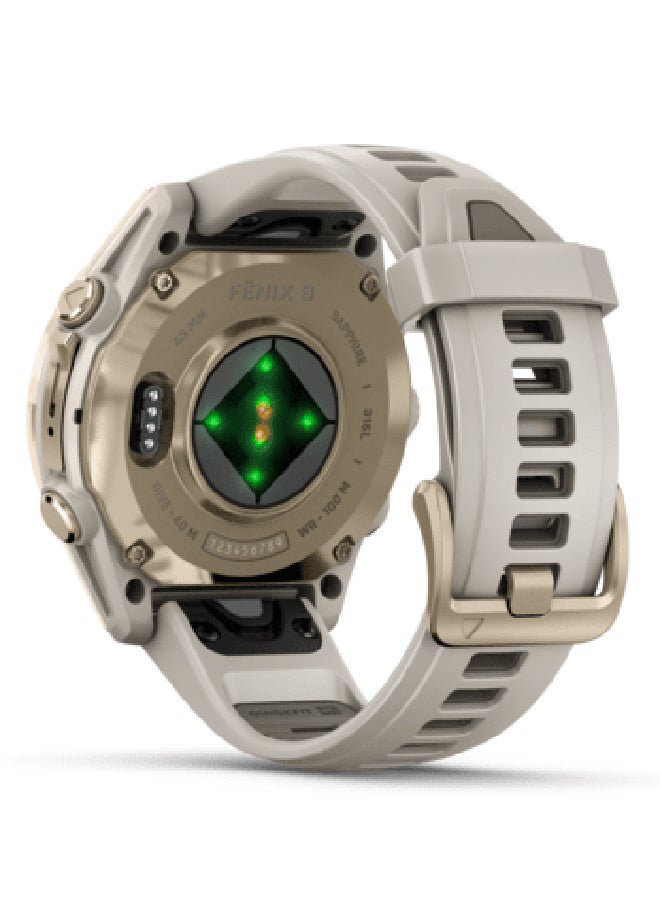 GARMIN - Fenix 8  - 43MM - Up To 29 Days Battery Life - 1.3"inch Amoled Display, Scratch Resistant, Sapphire Crystal, Heart Rate Monitor, All Day Stress Monitor, Offline Voice Command, Calling Features, Super Bright LED Flashlight, iOS and Android Compatible Gold - Image 1