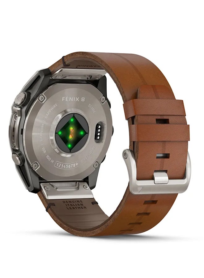 GARMIN - Fenix 8 - 51MM - Up To 29 Days Battery Life - 1.4"inch Amoled Display, Scratch Resistant, Sapphire Crystal, Heart Rate Monitor, All Day Stress Monitor, Offline Voice Command, Calling Features, Super Bright LED Flashlight, iOS and Android Compatible Bare Titanium - Image 1