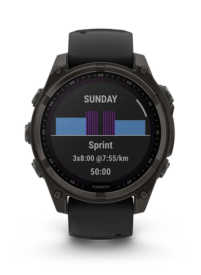 GARMIN - Fenix 8 - 47MM - Up To 48 Days Battery Life With Solar Charging - 1.3"inch Sunlight-Visible, Transflective Memory-In-Pixel (Mip), Scratch Resistant, Power Sapphire™, Heart Rate Monitor, All Day Stress Monitor, Offline Voice Command, Calling Features, Super Bright Led Flashlight, iOS and Android Compatible Carbon Gray - Image 1