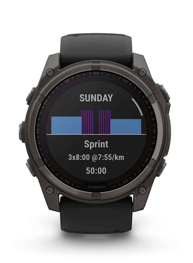 جارمين - Fenix ​​8 - 51 مم - عمر بطارية يصل إلى 48 يومًا مع الشحن بالطاقة الشمسية - شاشة 1.4 بوصة مرئية لأشعة الشمس، ذاكرة انعكاسية بالبكسل (Mip)، مقاومة للخدش، Power Sapphire™، مراقب معدل ضربات القلب، مراقب الضغط طوال اليوم، صوت دون اتصال الأوامر، وميزات الاتصال، ومصباح LED فائق السطوع، متوافق مع iOS وأندرويد - Image 1