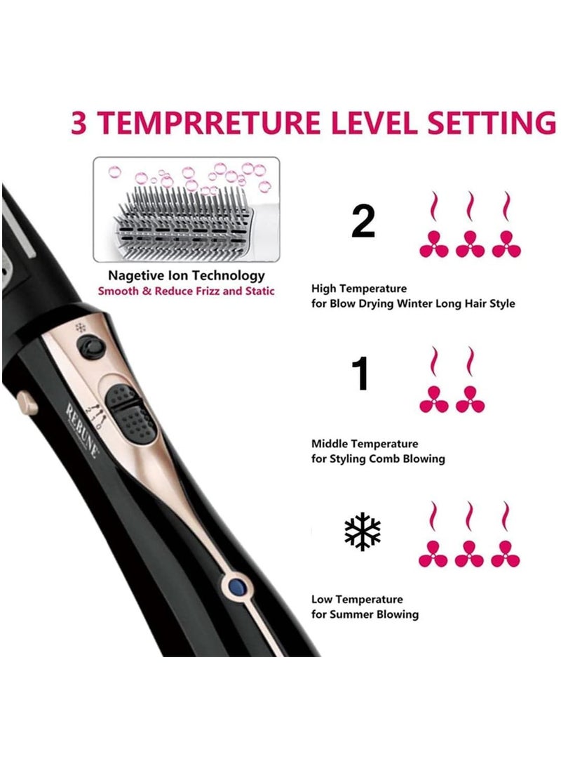 REBUNE RE-2078-2 1200W Hair Styler 3 In 1 Hot Air Styler One Step Negative Ion Electronic Dryer Hair Straightener & Curler Brush With 2 Attachments Black - Image 5