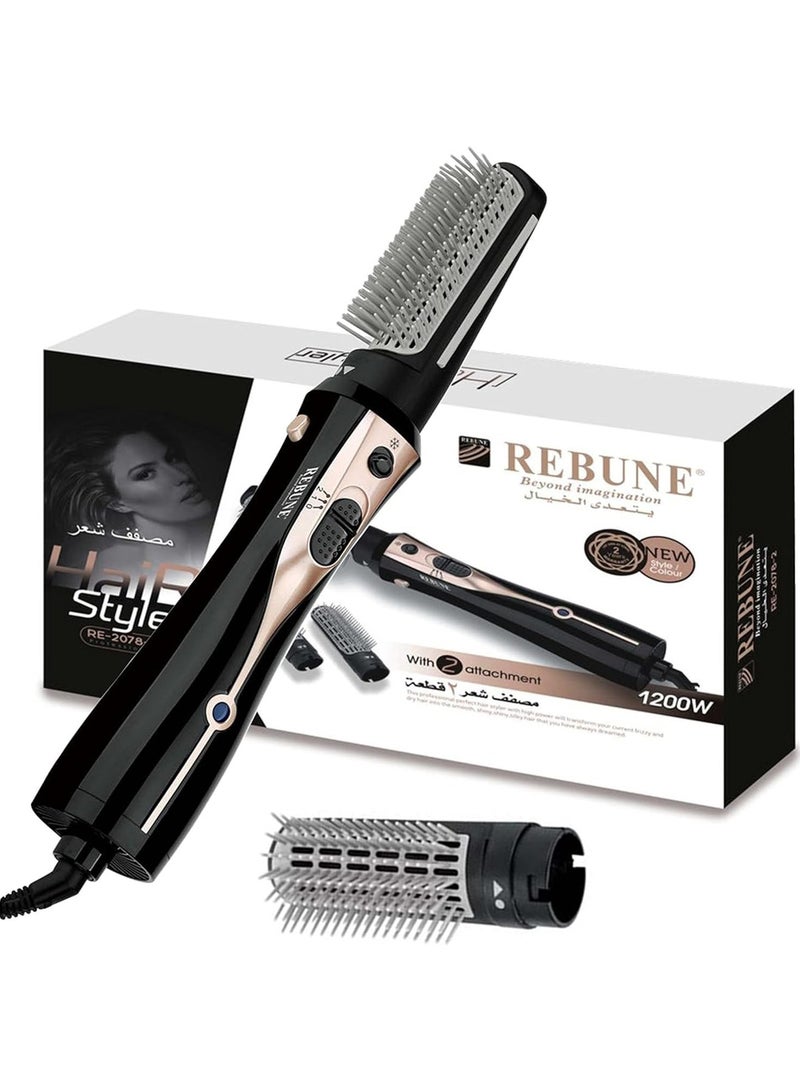 REBUNE RE-2078-2 1200W Hair Styler 3 In 1 Hot Air Styler One Step Negative Ion Electronic Dryer Hair Straightener & Curler Brush With 2 Attachments Black - Image 2
