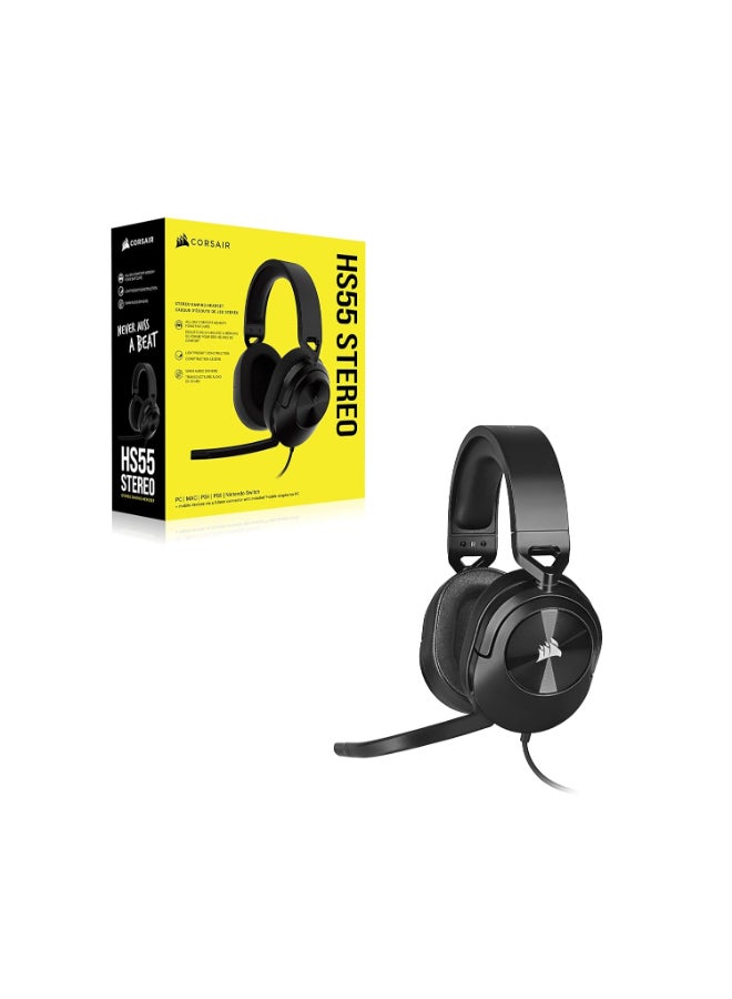 CORSAIR - Hs55 Stereo Gaming Wired On Ear Headset (Leatherette Memory Foam Ear Pads, Lightweight Construction, Omni-Directional Microphone, Multi-Platform Compatibility Included Y-Cable Adapter), Carbon - Image 1