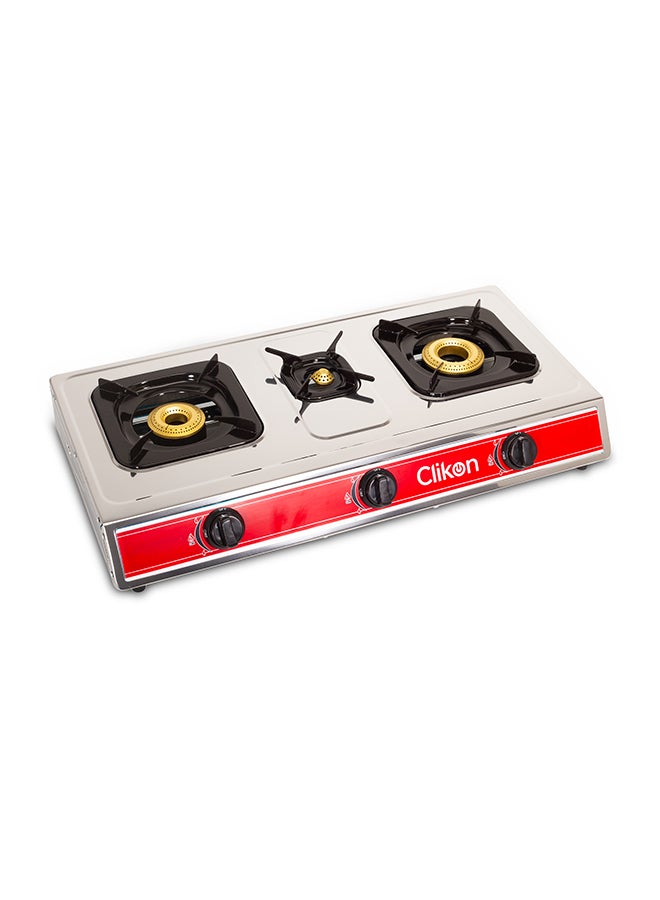 Clikon 3-Burner Gas Stove, Stainless Steel Body, Brass Burners, Automatic Ignition CK4253 Silver 