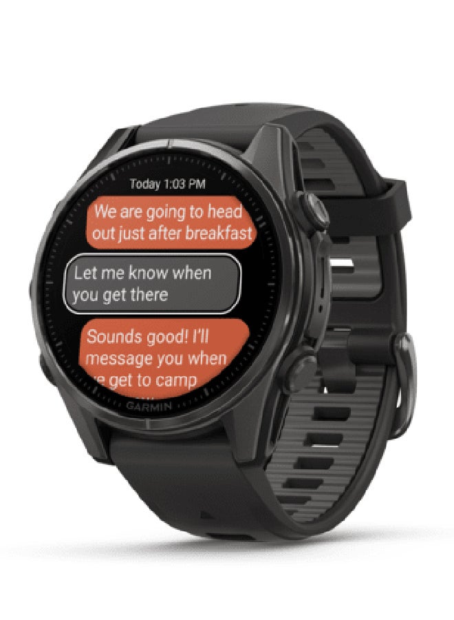 GARMIN - Fenix 8 - 43MM - Up To 29 Days Battery Life - 1.3"inch Amoled Display, Scratch Resistant, Sapphire Crystal, Heart Rate Monitor, All Day Stress Monitor, Offline Voice Command, Calling Features, Super Bright LED Flashlight, iOS and Android Compatible Carbon Gray - Image 1