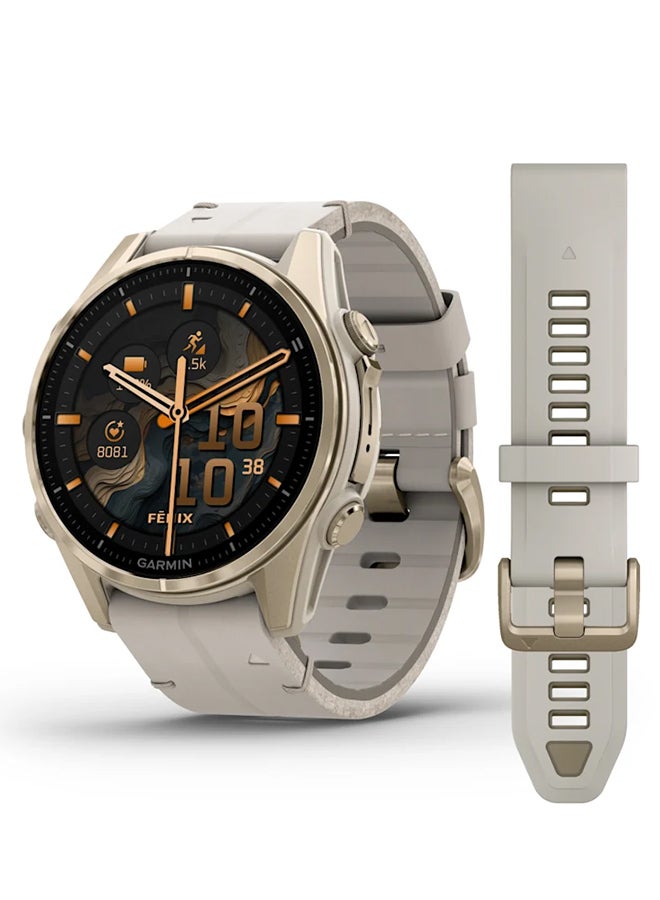 GARMIN - Fenix 8 - 43MM - Up To 29 Days Battery Life - 1.3"inch Amoled Display, Scratch Resistant, Sapphire Crystal, Heart Rate Monitor, All Day Stress Monitor, Offline Voice Command, Calling Features, Super Bright LED Flashlight, iOS and Android Compatible Soft Gold - Image 1