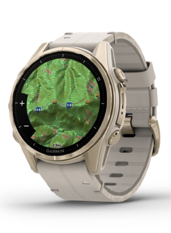 GARMIN - Fenix 8 - 43MM - Up To 29 Days Battery Life - 1.3"inch Amoled Display, Scratch Resistant, Sapphire Crystal, Heart Rate Monitor, All Day Stress Monitor, Offline Voice Command, Calling Features, Super Bright LED Flashlight, iOS and Android Compatible Soft Gold - Image 1