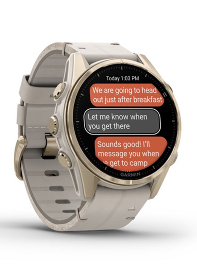 GARMIN - Fenix 8 - 43MM - Up To 29 Days Battery Life - 1.3"inch Amoled Display, Scratch Resistant, Sapphire Crystal, Heart Rate Monitor, All Day Stress Monitor, Offline Voice Command, Calling Features, Super Bright LED Flashlight, iOS and Android Compatible Soft Gold - Image 1
