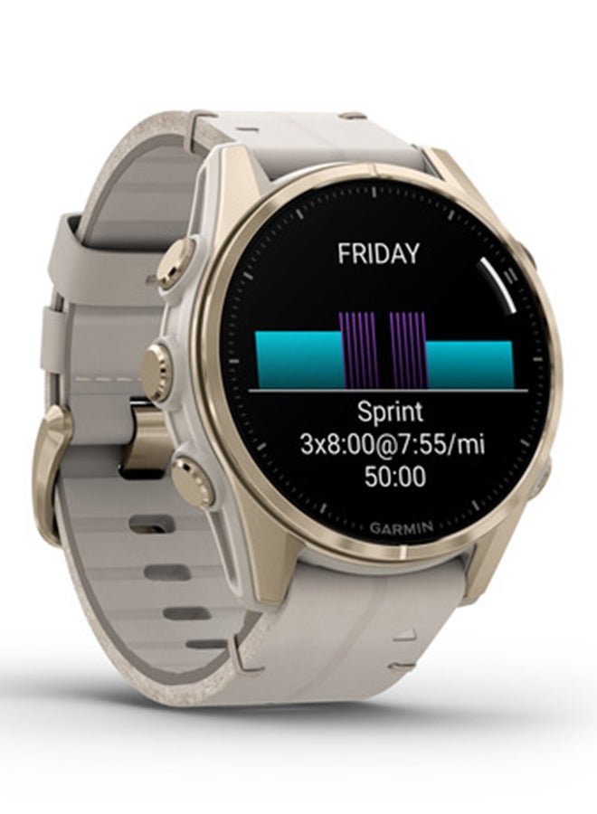 GARMIN - Fenix 8 - 43MM - Up To 29 Days Battery Life - 1.3"inch Amoled Display, Scratch Resistant, Sapphire Crystal, Heart Rate Monitor, All Day Stress Monitor, Offline Voice Command, Calling Features, Super Bright LED Flashlight, iOS and Android Compatible Soft Gold - Image 1