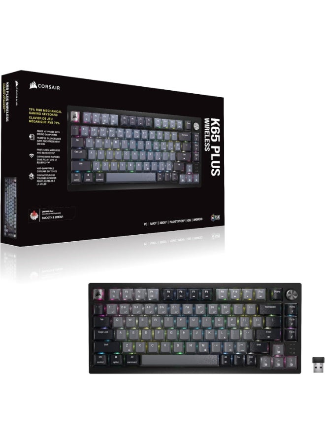 CORSAIR - Corsair K65 Plus Wireless 75% RGB Hot-Swappable Mechanical Gaming Keyboard – Pre-Lubricated MLX Red Linear Switches – Top Mounted – Dual-Layer Sound Dampening – PBT Keycaps – QWERTY NA – Black - Image 1