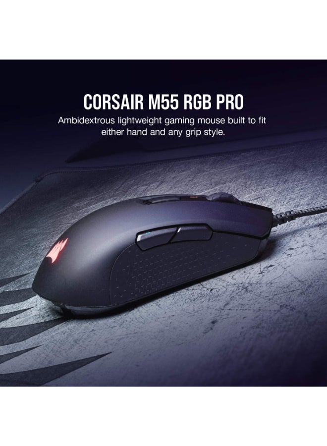 CORSAIR - Corsair M55 RGB Pro Ambidextrous Wired Gaming Mouse, 12400 DPI Adjustable Sensor-Black - Image 1