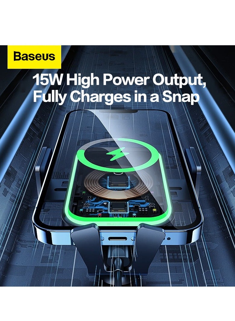 Baseus - Wireless Car Charger, Auto-Clamping Car Mount 15W/10W/7.5W Fast Charging Air Vent Car Phone Mount Compatible with iPhone 15/14/13/13 Pro/12 Pro Max/12 pro/12/11/10 Series/Samsung Galaxy/Huawei Series Black - Image 1